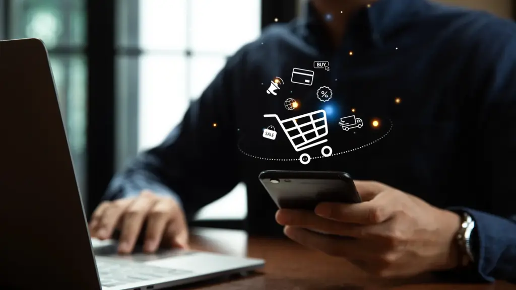 Homme utilisant un téléphone avec icône de panier - achat en ligne