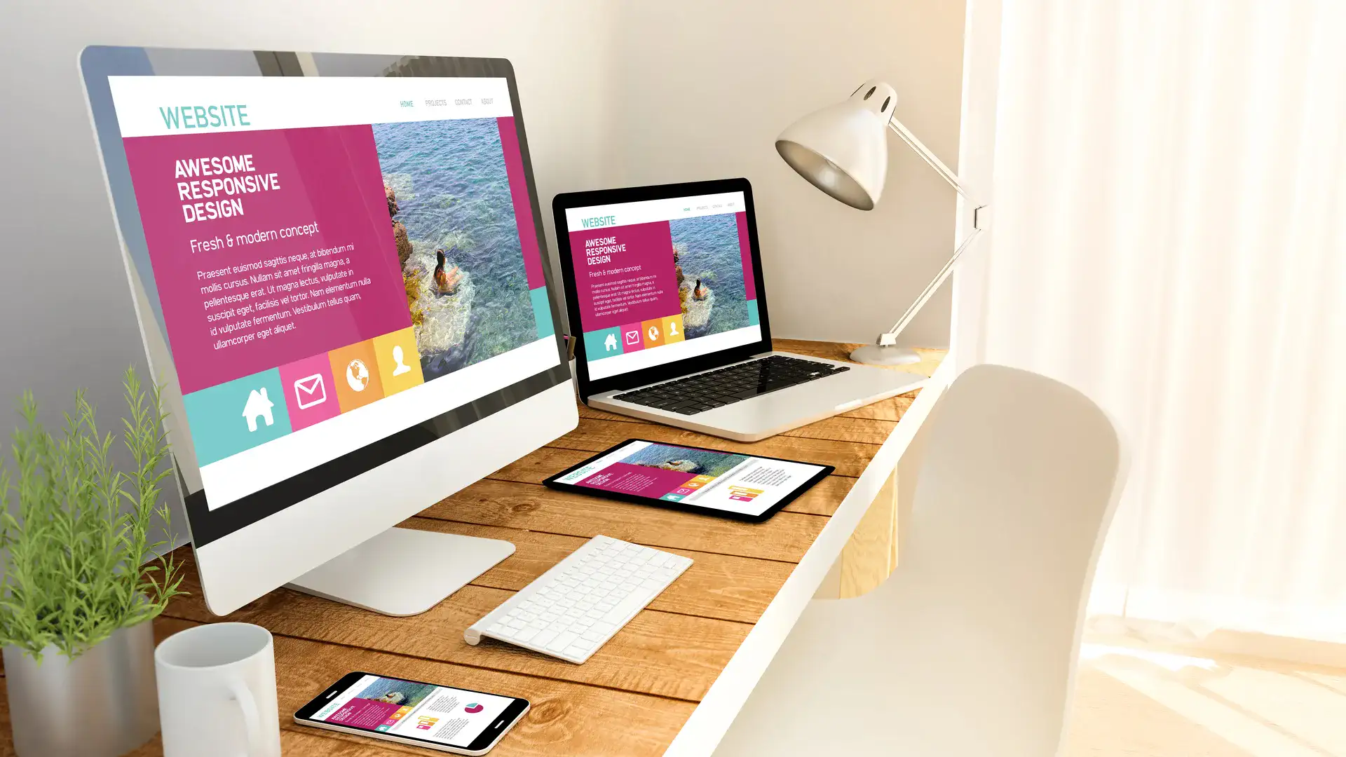 Appareils numériques affichant un site web sur une table de bois