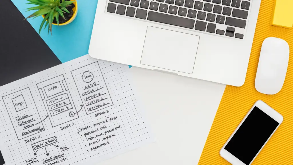 Espace de travail de conception de site web avec ordinateur portable et téléphone