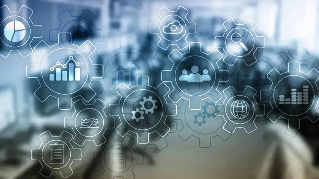 Diagramme abstrait de processus d'affaires avec engrenages - flux de travail et automatisation