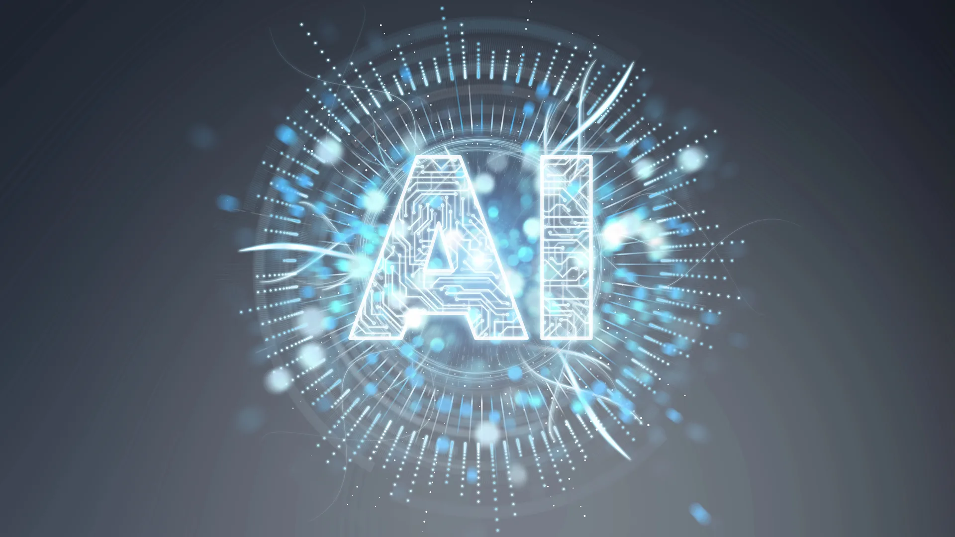 Hologramme du texte intelligence artificielle sur fond bleu-gris