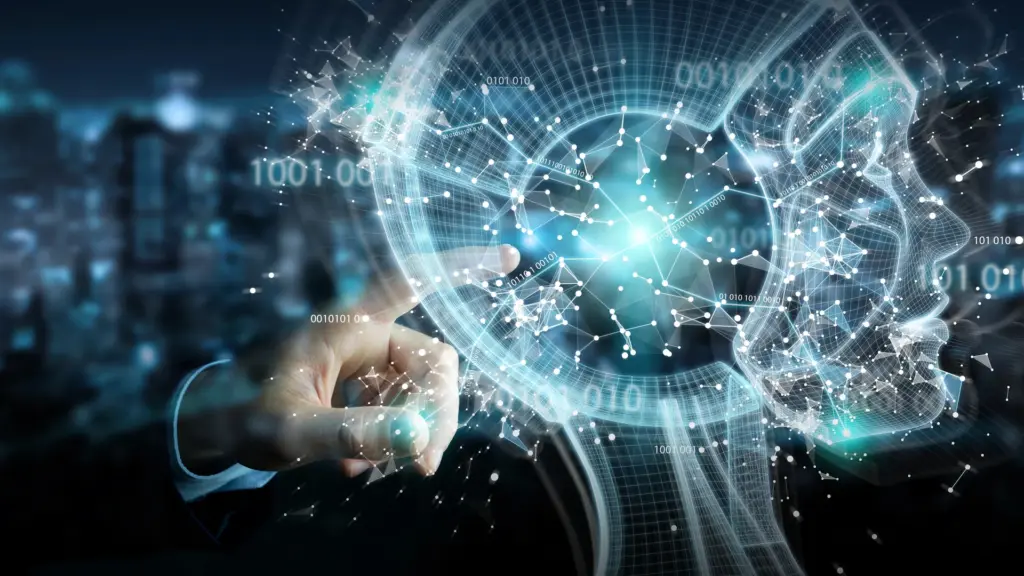 Homme d'affaires utilisant une interface d'intelligence artificielle numérique