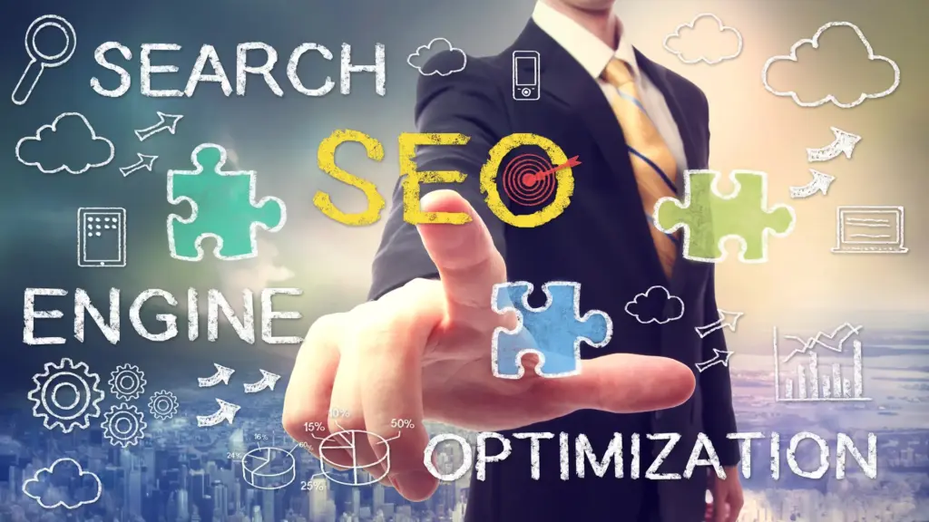 Homme d'affaires pointant le concept SEO - optimisation pour moteurs de recherche