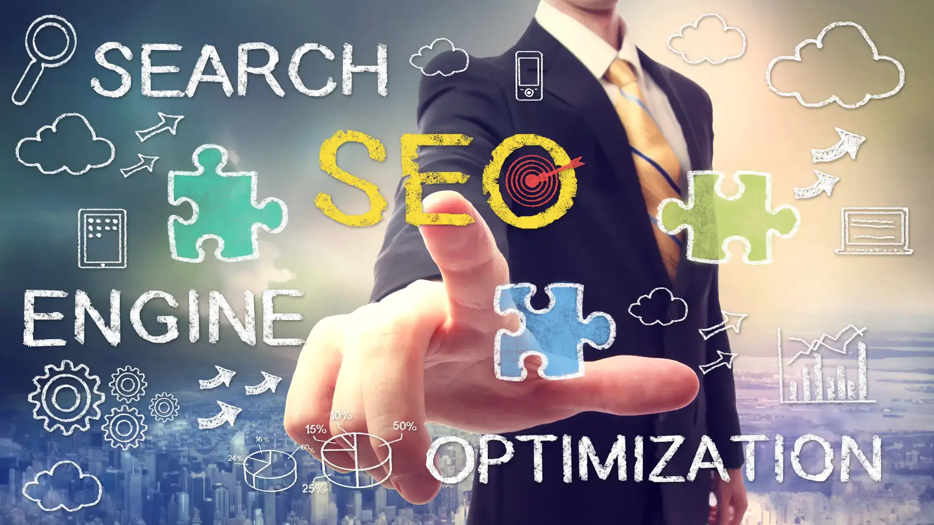 Homme d'affaires pointant le concept SEO - optimisation pour moteurs de recherche