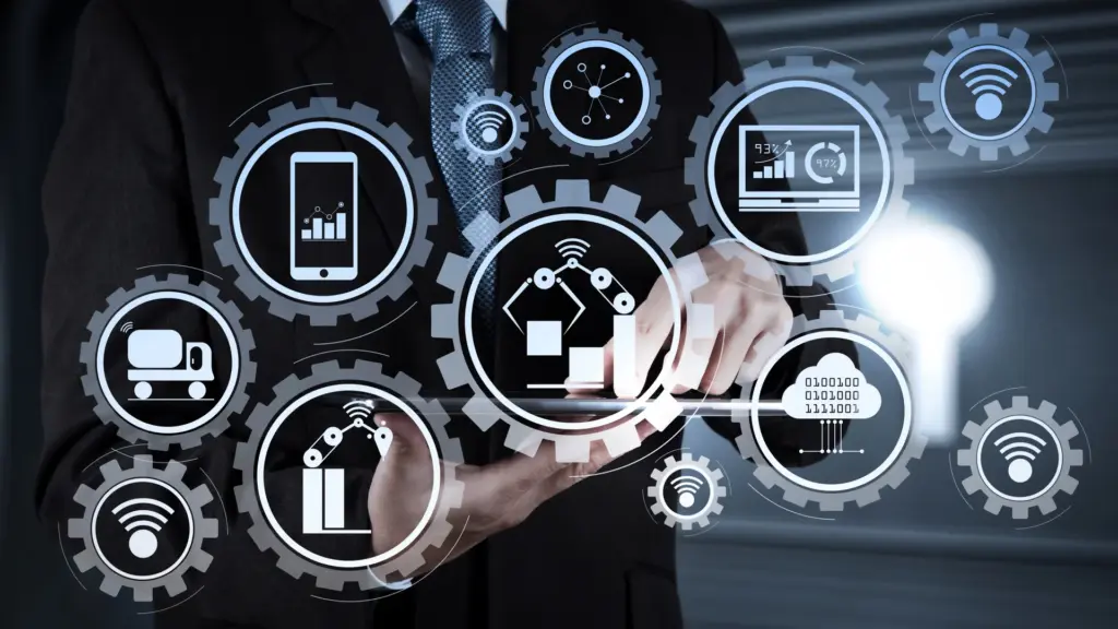 Usine intelligente avec robots connectés échangeant des données via l'internet des objets